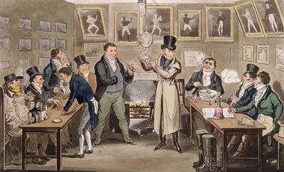 Cribb&39;s Parlor: Tom apresentando Jerry e Logic ao Champion of England, de &39;Life in London&39; de Pierce Egan, 1821 (colorido aquatint) de Isaac, Robert and George Cruikshank